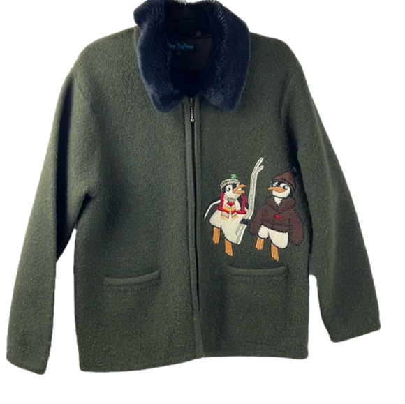 City  Wear Boiled Wool Green Full Zipper Cardigan - Picture 1 of 10